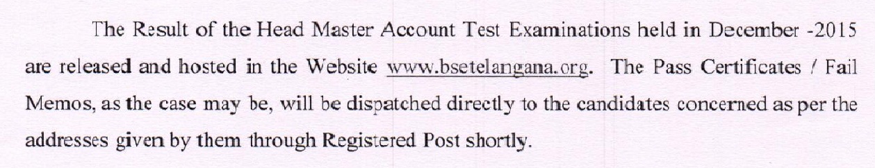 Directorate of Govt Telangana Head Mater Dec 2015 Account Test Results